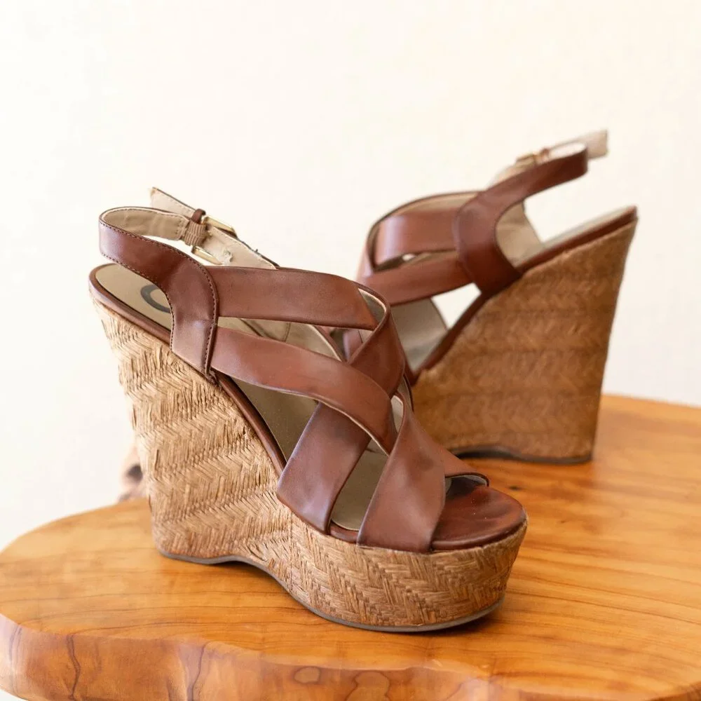 Guess G by Guess 8.5M Brown Cork Wedge Sandals Platform Strappy Heels - Picture 2 of 9